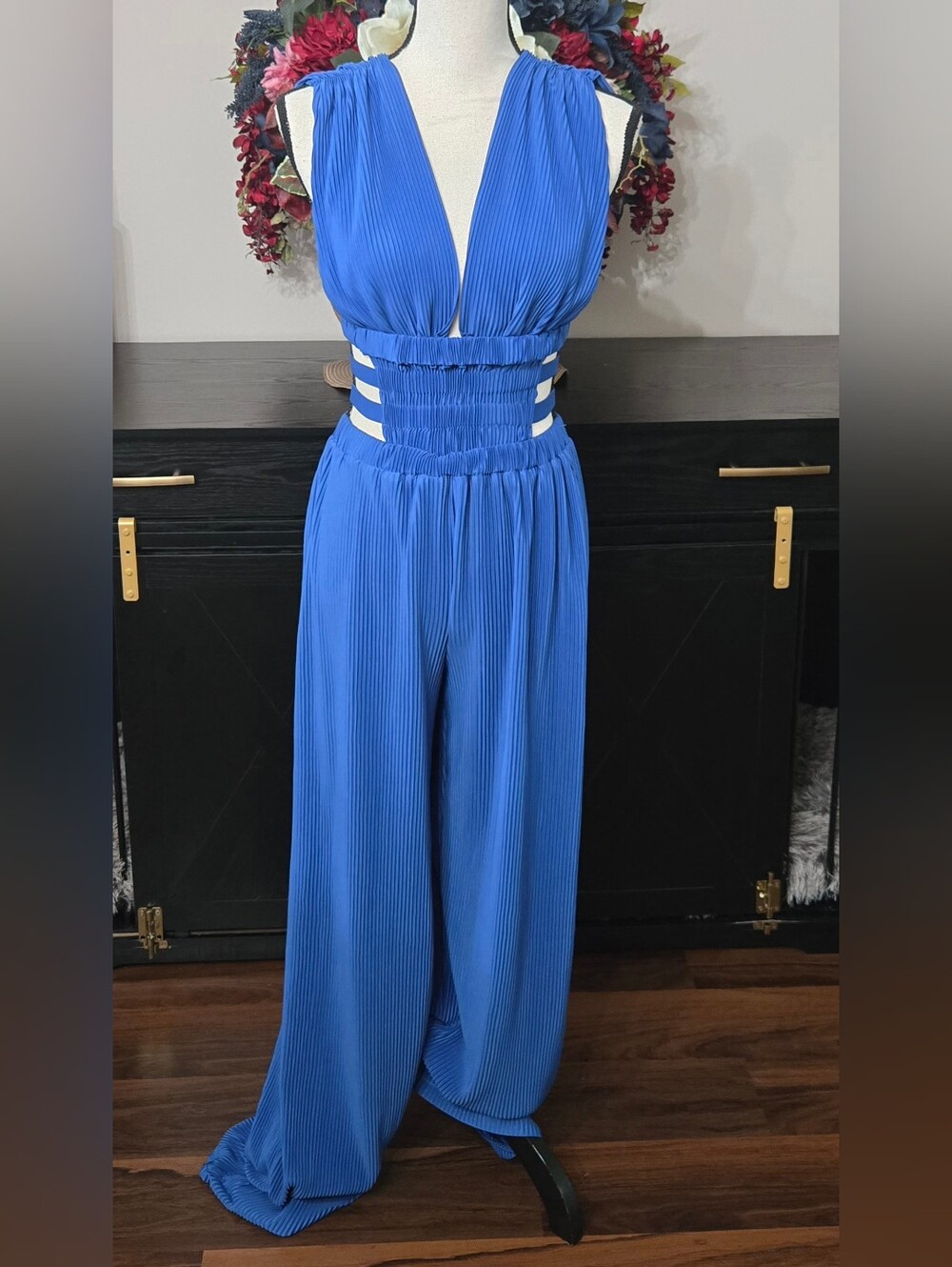 Stunning Royal Blue Pleated, Side Cutout, Wide-Leg Jumpsuit, Sz Small